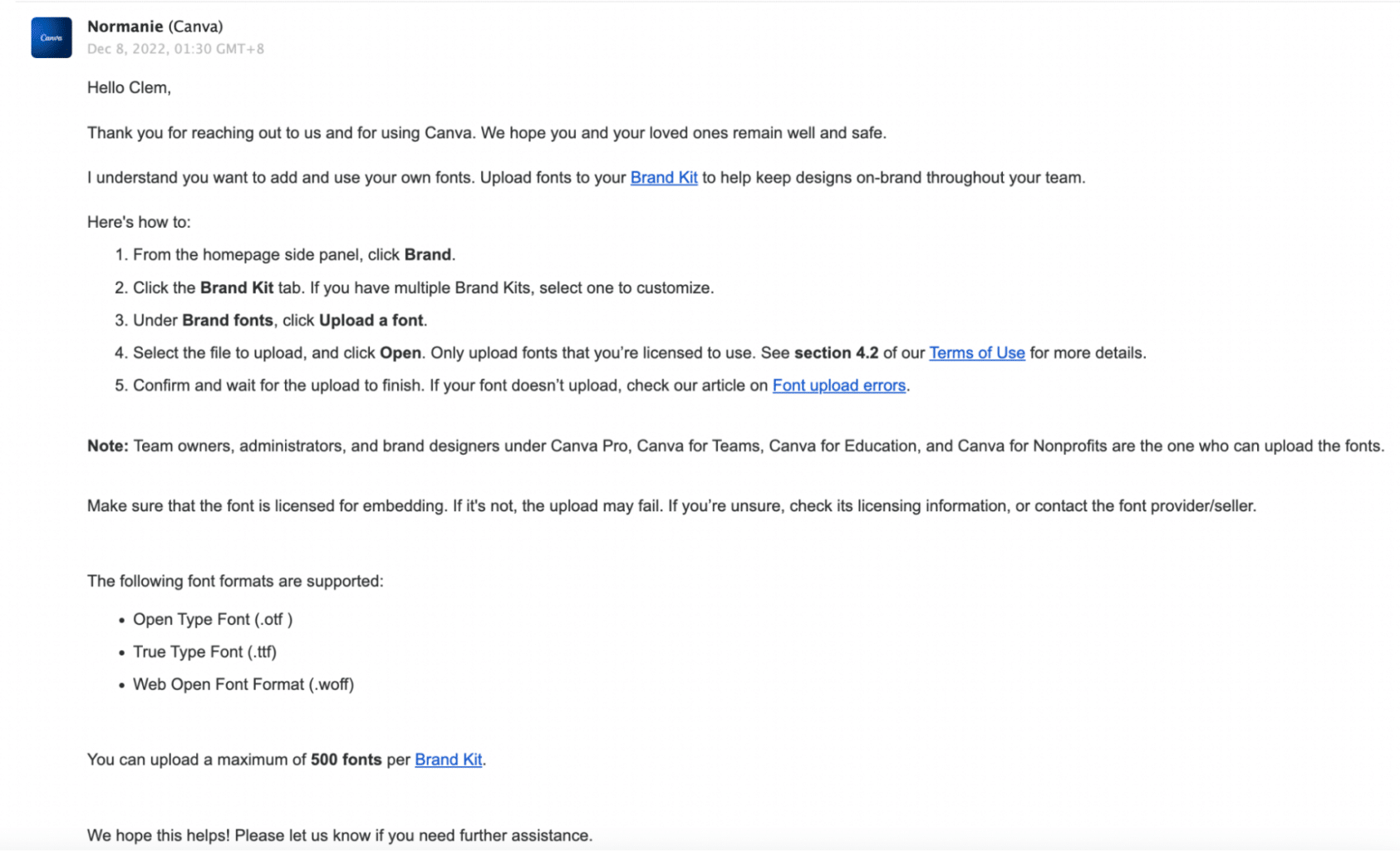 Canva support response